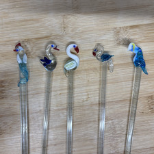 Tropical Swizzle Stir Sticks Hand Blown Glass Bar Ware Cocktail Birds Set of 5
