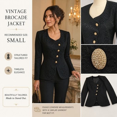 Vintage Blazer Women S Blue Black Jacquard Tailored 80s Glam Evening Scalloped