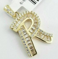 Baguette Cut Simulated Diamond Letter Initial R Pendant 14k Yellow Gold Plated