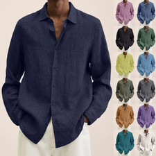 Mens Long Sleeve Cotton Linen Dress Shirt Casual Solid Button-up Baggy Tops UK