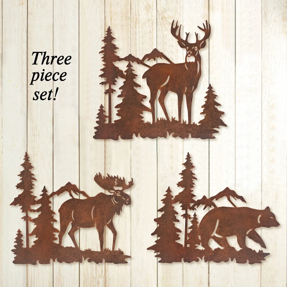 metal wall art decor deer bear moose in forest pine tree, 9.3 inch set of 3 r... - Image 4 of 4