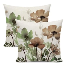 Spring Floral Pillow Covers 18x18 Inches Set of 2 Sage Green Brown Floral Thr...