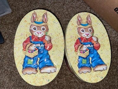 PAIR of Tin Box Co. ''Raised'' 3D Rabbit with Eggs Collectible Oval-Shaped Tin