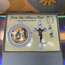 Vintage Blue Guardian Angel Medalion and Crucifix for Baby