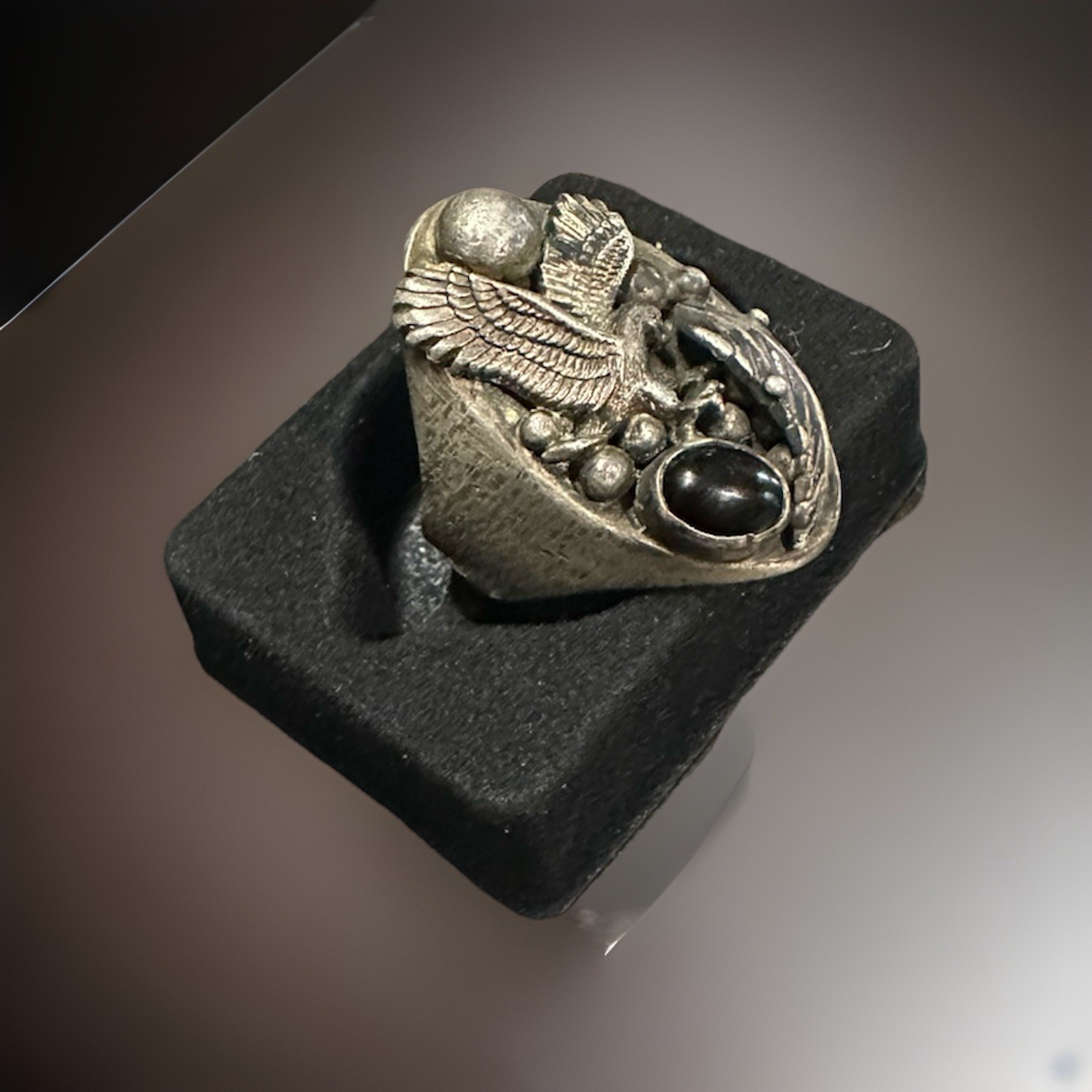 Vintage Silver Statement Ring with Eagle and Blac… - image 3