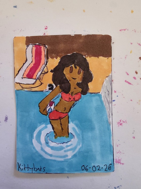 ACEO ATC Kittybats  Beach Volleyball at the Pool Summer Swimsuit OOAK
