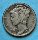 1938 Mercury Dime. 90% Silver. Fine Condition. Wartime Coin. Charity Auction.