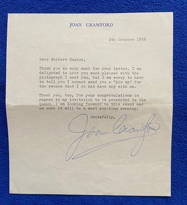 Joan Crawford signierter Brief 4. Oktober 1956 '' der Queen präsentiert & Pin Up ''