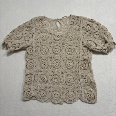 Women's L Beige Crochet Top Short Sleeve Cotton Cottage Core Classy  Y2K 