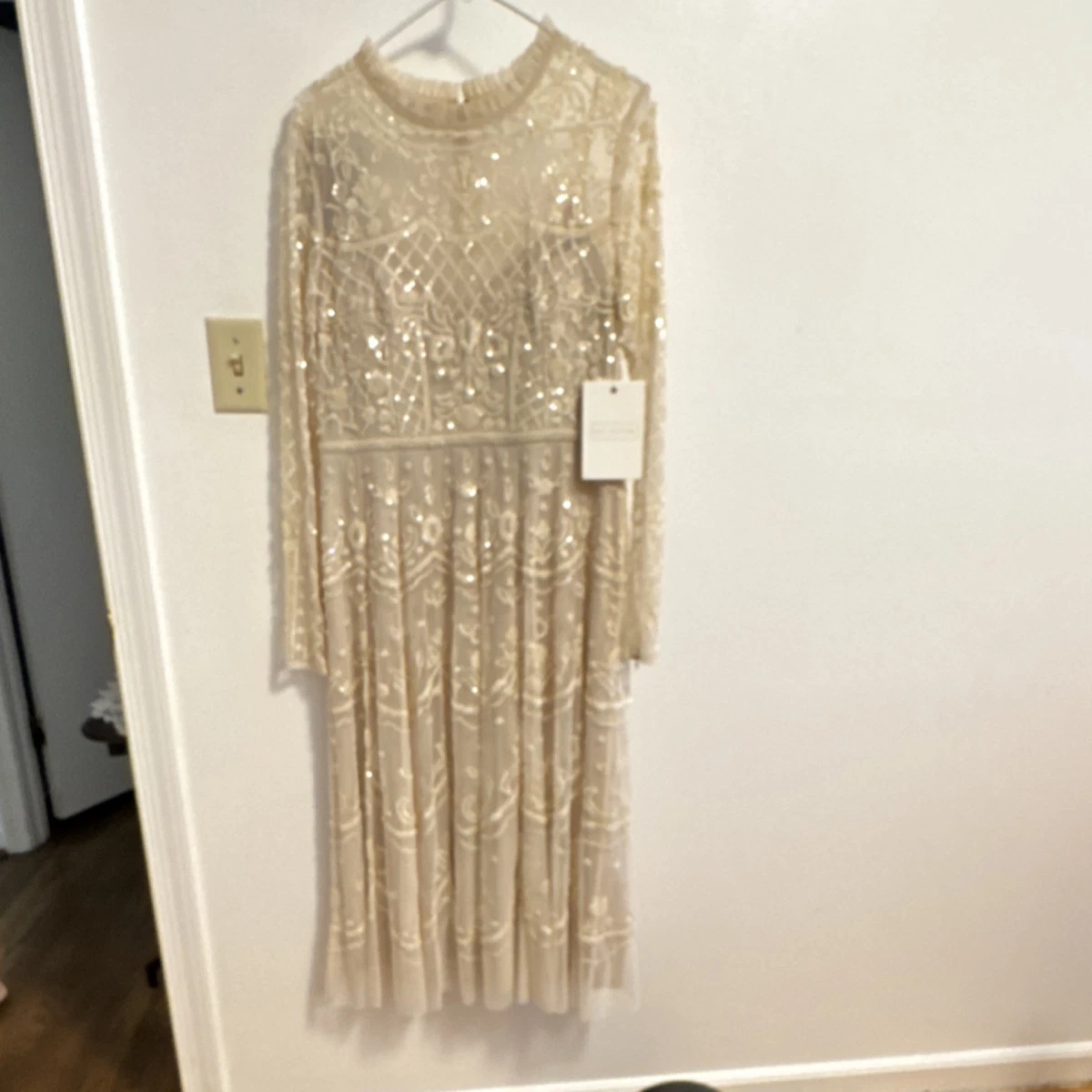 beige sequin dress long sleeve Beige Sequin Embellished Sheer Draped Gown