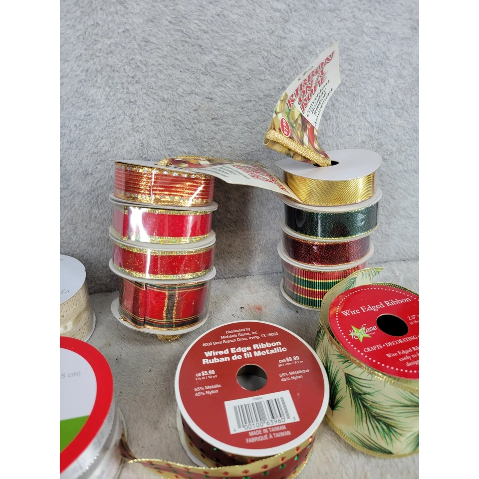 Christmas Wired Ribbon Lot 10 Metallic Glitter Holiday Crafting Decorating Gift - Image 3 of 4