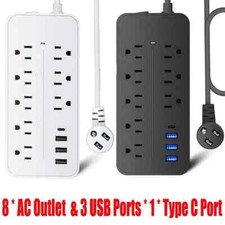 US Power Strip Surge Protector 8 AC Outlets 3 USB Ports Type C Port 4 FT Cable