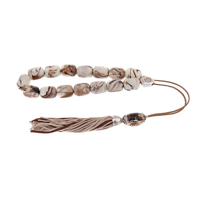 Ivory & White Patterns Resin Worry Beads, Alpaca Metal Parts, Silk Cord & Tassel
