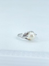 Vintage Akoya Cultured Saltwater Pearl Sterling Silver Leaf Ring Japan Sz 7