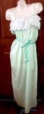 Long Green Nylon Nightgown Negligee White Cotton Lace Belted Misses Size Large