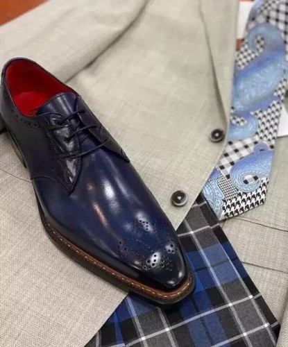 Buy Handmade Genuine Blue Leather Shoes Lace-up Oxford Dress Derby Brogue Shoes - Picture 8 of 8
