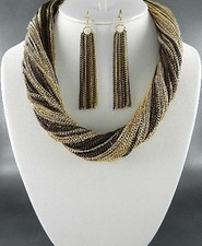 Two Tone Of Brown And Gold Links Multi Strand Necklace Earring Set