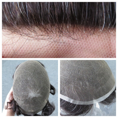 Mens Toupee Swiss Lace Bleached Human Hair Replacement Systems Hairpieces #1B20