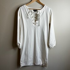 J Crew Shirt Dress Sz XS Ivory Lace Up Balloon Sleeve Cotton Boho Coastal Preppy