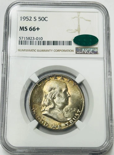 1952 S Franklin Silver Half Dollar NGC MS66+ CAC Green Toned (NGC Pop 58)