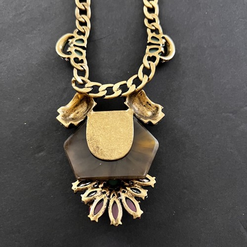 J Crew Gold-Tone Statement Necklace Tortoise Multicolor Pendant Adjustable Chain - Picture 9 of 14
