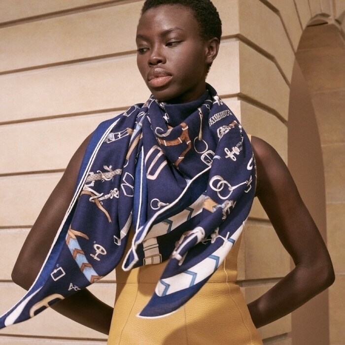Hermes Shawl Scarf Chevaux Dechaines Navy Stole Cashmere