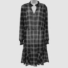 Tommy Hilfiger Women Black Check Long-Sleeve Flounce-Hem Dress Size 14