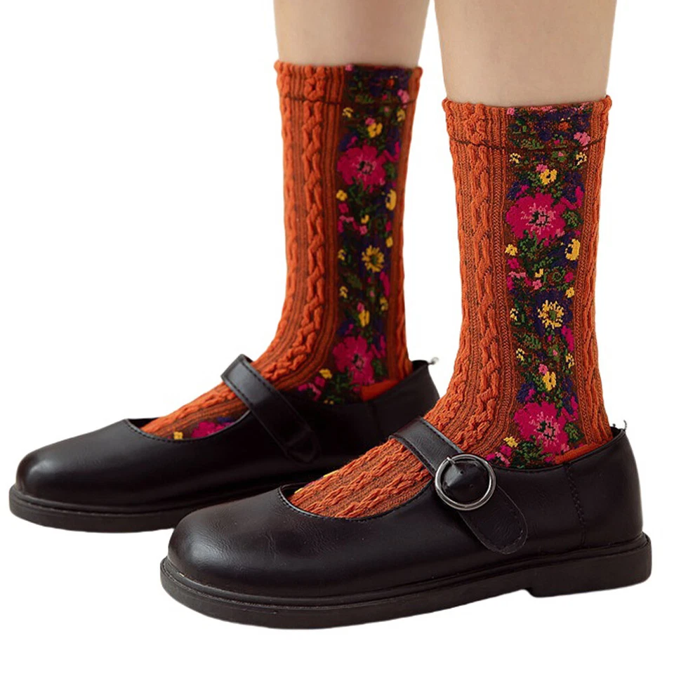 5 Pairs Women Cotton Flower Mid Calf Stretch Elastic Sports Floral Crew Socks - Image 4 of 4