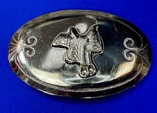 Cowboy Horse Saddle Vintage Silver Tone Western Style Oval Belt Buckle
