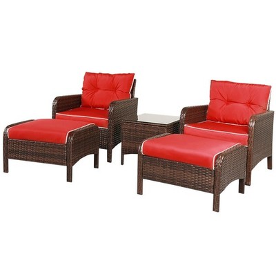 5 PCS Patio Rattan Wicker Furniture Set Sofa Ottoman W/Red Cushion Garden Yard
