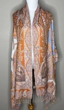 Raj beaded scarf orange and blue paisley with fringe made in India 26” x 78”.