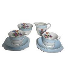 Vintage Colclough Tea Set for 2 People Pale Blue Floral Bone China 8 Piece