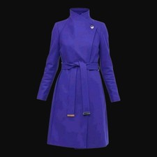 New Ted Baker Funnel Neck Blue Purple Wool Cashmere Wrap Lorili Coat UK 14 US 10