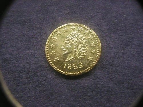 1853 Round Indian Head California Gold 1/2 Dollar Token/Coin: with bear on back