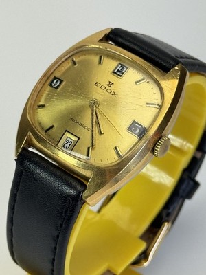 Edox Incabloc Mens Swiss Manual Wind Watch Gold Plated Date Serviced Vintage