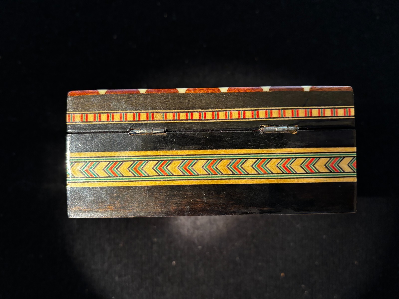 Vintage 5" Inlaid Mosaic Wood Box Marquetry Trinket Box with Geometric Pattern