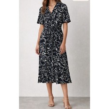 Melloday Floral Short Sleeve Belted Midi Shirt Dress Black White Large