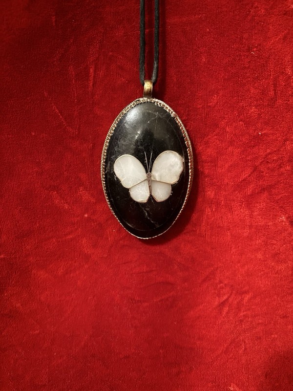 Silver Black Onyx Inlaid Mother Of Pearl Butterfly Pendant