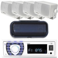 Pyle PLRMR23BTW Marine Boat AMFM MP3 AUX Radio 4 3.5" Box Speakers/Splash Cover