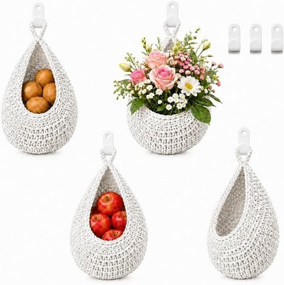 3 Pack White Boho Hanging Wall Baskets for Kitchen, Fruit & Veggie Storage