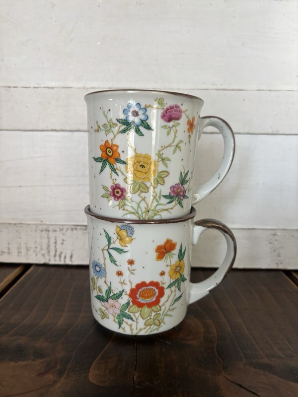 Otagiri Japan Stoneware Brown Floral Speckle Glazed Coffee Mug Vintage Set Of 2