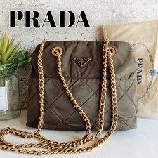 PRADA Triangle Logo Chain Shoulder Bag Quilted Nylon Khaki Brown w/Dust Bag Used