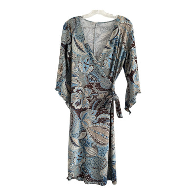MOA MOA Women s Blue Brown Floral Stretch Crossover Bodice Side Tie Dress-MEDIUM