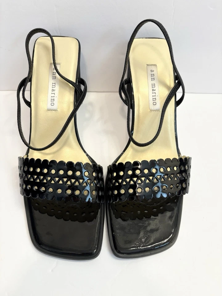 Vtg Ann Marino Patent Leather Strappy Heels Black Square Toe Block Heel Size 8.5 - Image 4 of 4