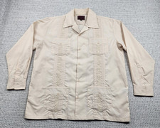 Maximos Yucatan Guayabera Shirt Mens Small Beige Embroidered Long Sleeve Mexico