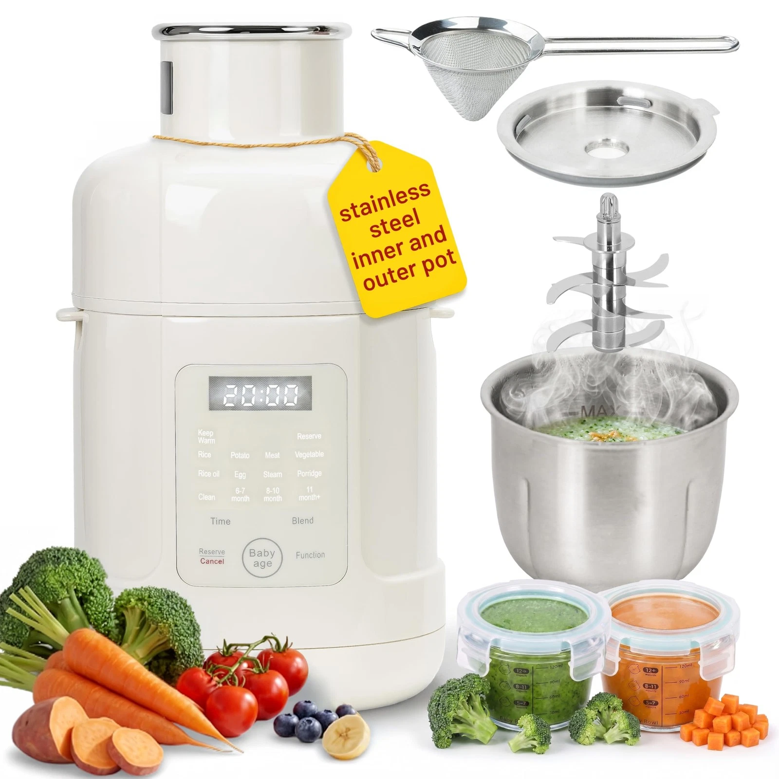 Stainless Steel Baby Food Maker Steamer And Blender With Strainer & 2 Jars, S...