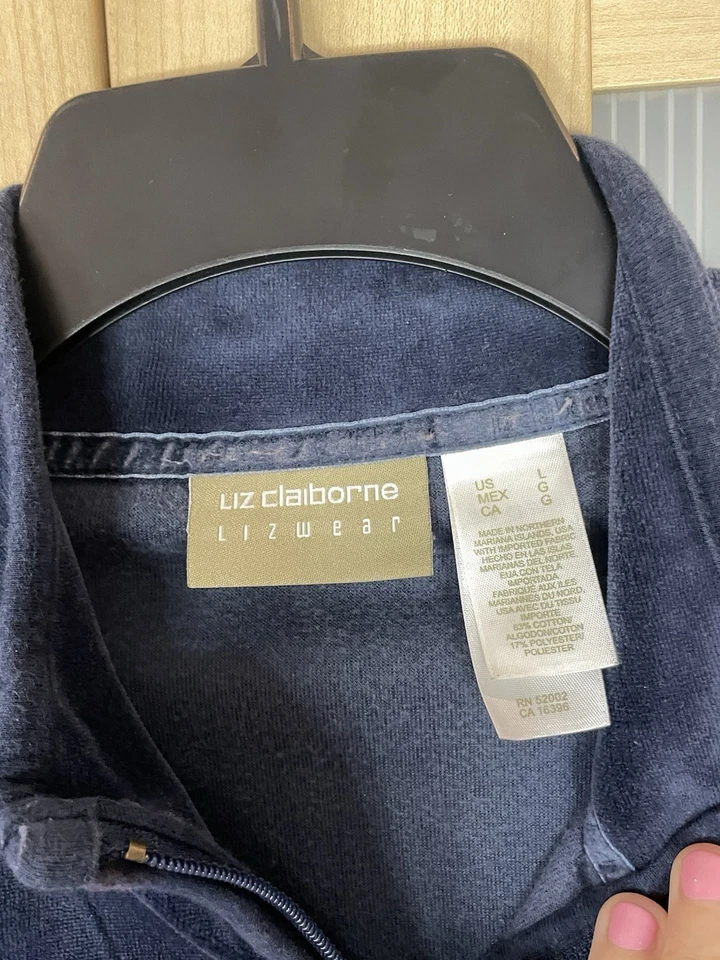 VTG Liz Claiborne Womens Velour Tracksuit Sz L Blue Jacket Pants 90s Y2K Sporty - Image 2 of 4