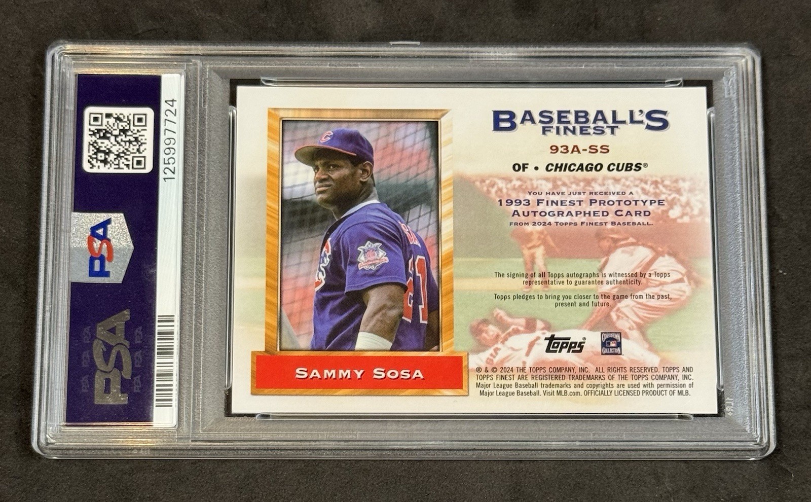 2024 Topps Finest SAMMY SOSA ‘93 Prototypes Black Refractor Auto 7/10 Mint PSA 9 view 2