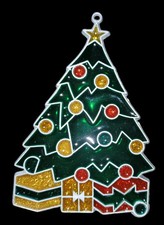 Vintage Handmade Stained Glass Christmas Tree W Presents Suncatcher Ornament 2