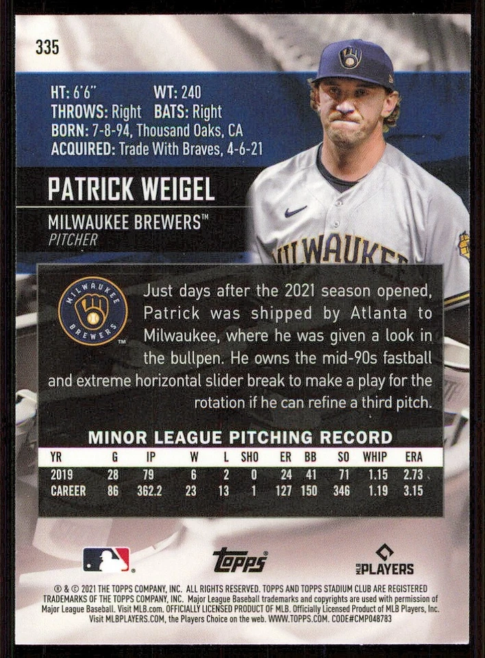 2021 Stadium Club Chrome #335 Patrick Weigel RC - Image 2 of 2